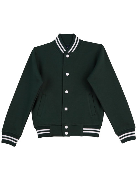 A green varsity jacket featuring a ribbed collar, button closure, and striped cuffs. It has side pockets and a logo.