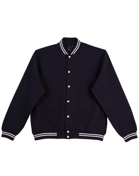 A black fleece varsity jacket with white stripe detailing and a branded logo on the chest.