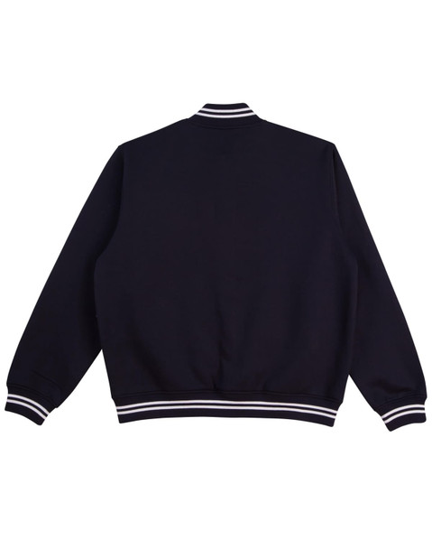 A navy fleece varsity jacket featuring a striped collar and cuffs, with a simple design and no visible logos.