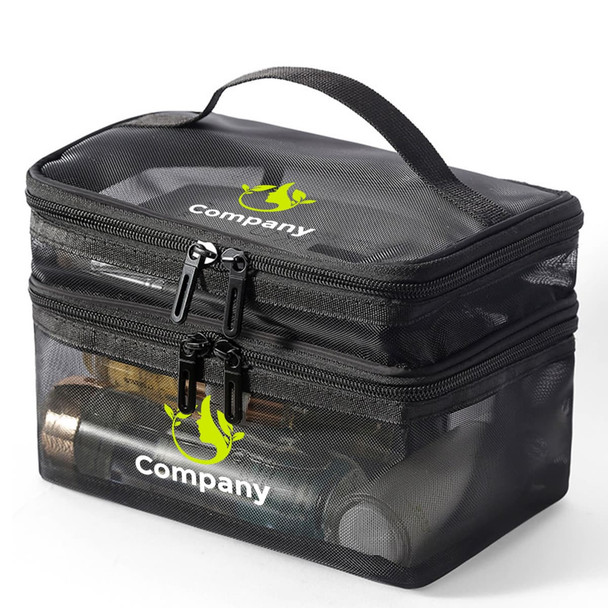 A black double-layer cosmetic bag with a mesh design, featuring a handle and zippered compartments.