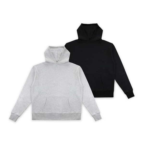 Two hoodies are displayed: one in light grey and the other in black, both with a front pocket and a hood.