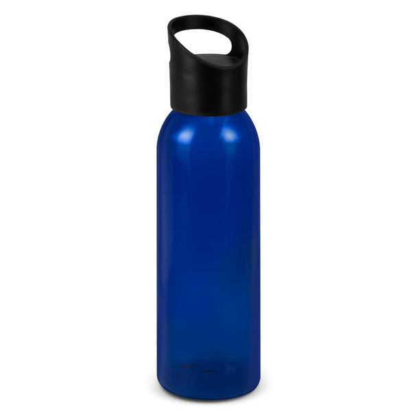 A drink bottle with a blue body and a black lid, featuring a fitness-friendly design and a logo.