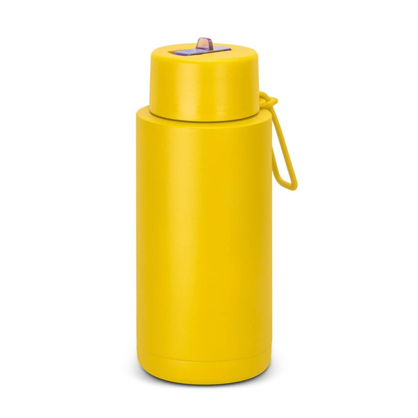 A drink bottle in bright yellow, featuring a screw-on lid and a durable design. It includes a branding logo.