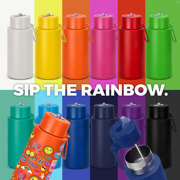 A drink bottle collection featuring various colours including white, yellow, pink, and black, with a logo on each. A drink bottle collection featuring various colours including white, yellow, pink, and black, with a logo on each.
