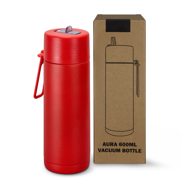 A drink bottle in bright red with a lid and a carry strap, alongside a brown box featuring a logo.