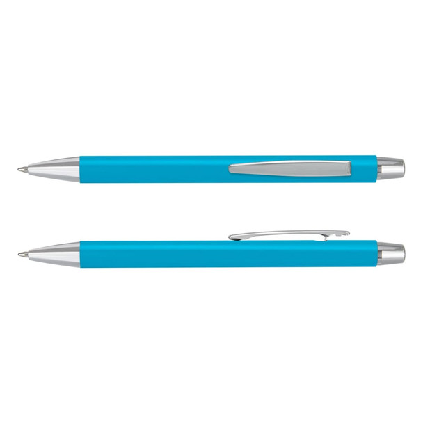 A laser cut logo pen in bright blue with silver accents. Features a sleek design and a clip for convenience.