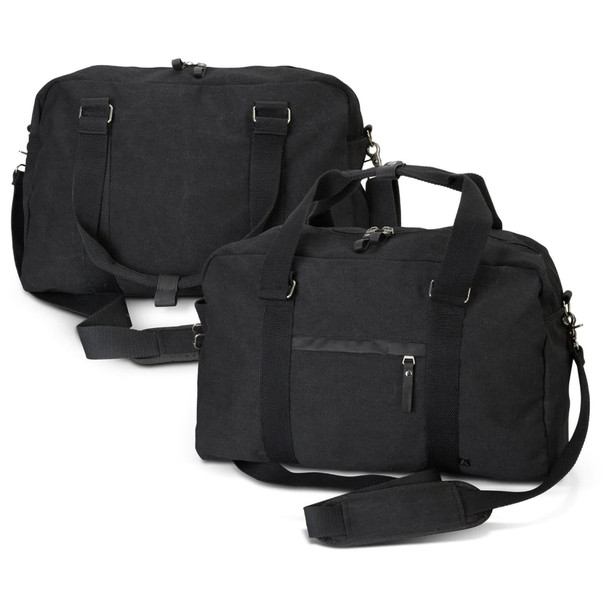 A black canvas duffle bag with adjustable shoulder strap and handles, featuring a logo and multiple compartments.