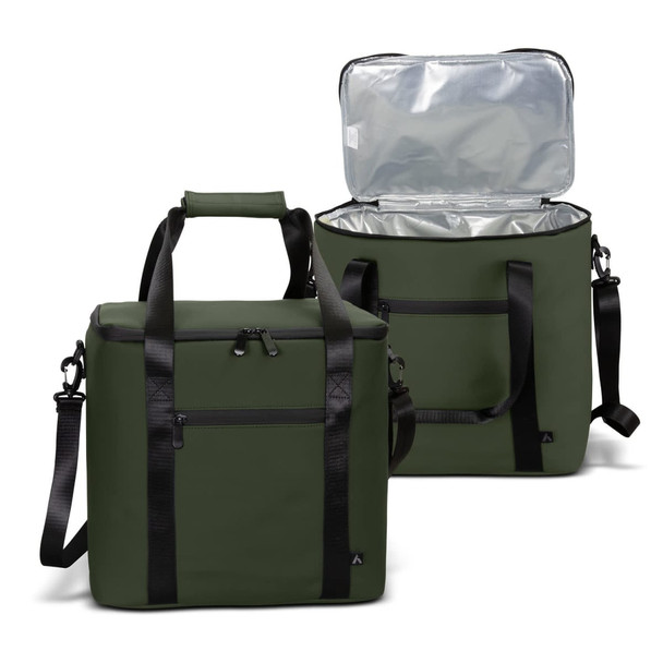 A soft-touch cooler bag in dark green featuring carry handles and a removable shoulder strap, with a silver insulated interior.