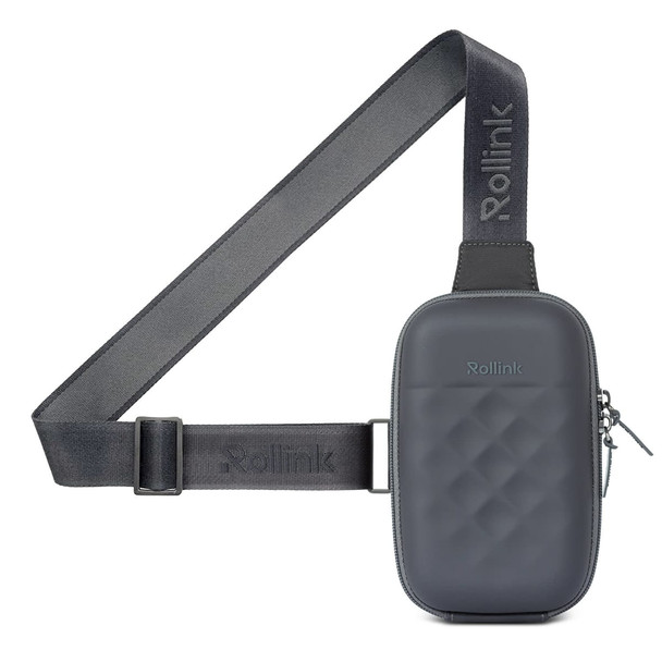A sleek, grey bag with a quilted pattern and an adjustable strap, featuring a Rollink logo.
