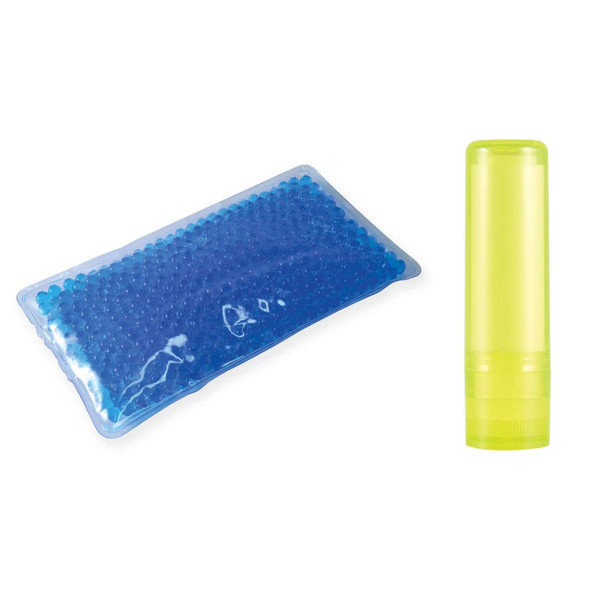 A wellness pack featuring a blue gel-filled compress and a bright yellow lip balm container.