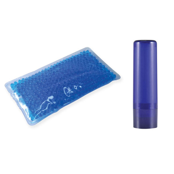 A wellness pack featuring a blue gel ice pack and a blue lip balm container.