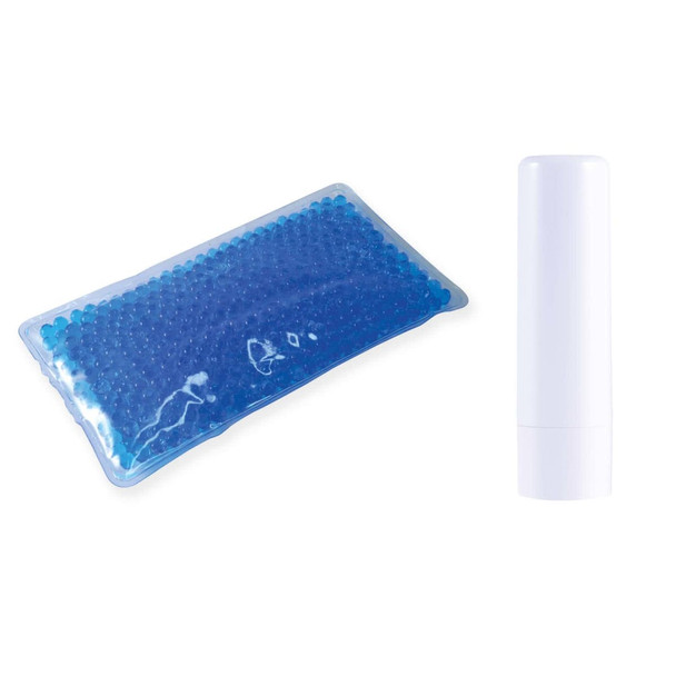 A set of wellness products featuring a gel-filled pack surrounded by blue beads and a white lip balm container.