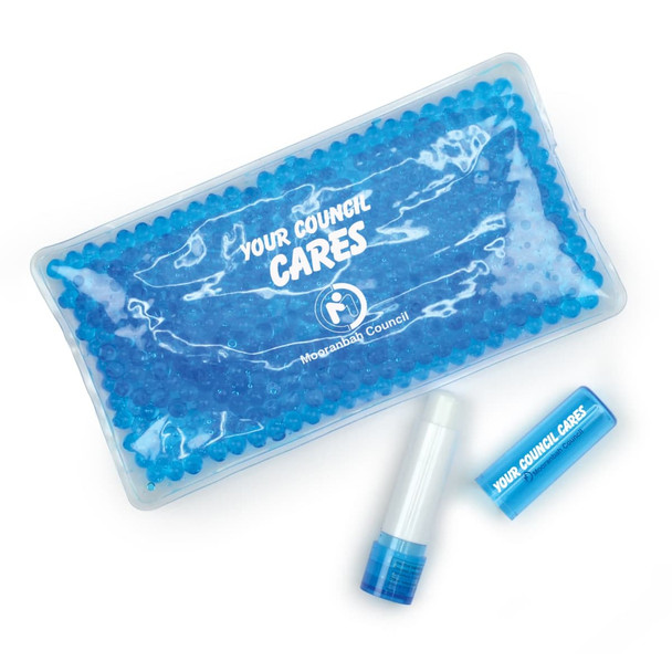 A blue wellness pack with gel beads and a white lip balm tube. Includes a branded packaging.