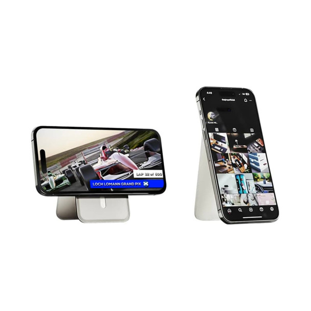 A sleek, silver magnetic card wallet stand displaying a smartphone in two orientations.