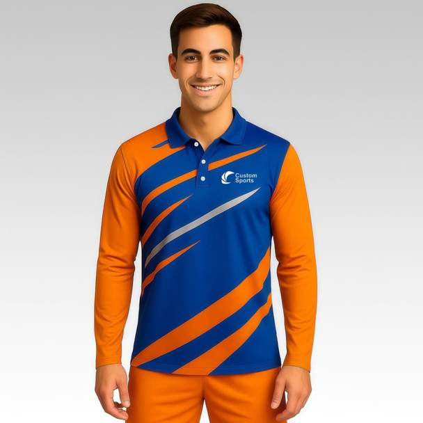 A long sleeve polo shirt in blue and orange, featuring a logo on the chest and dynamic design elements.