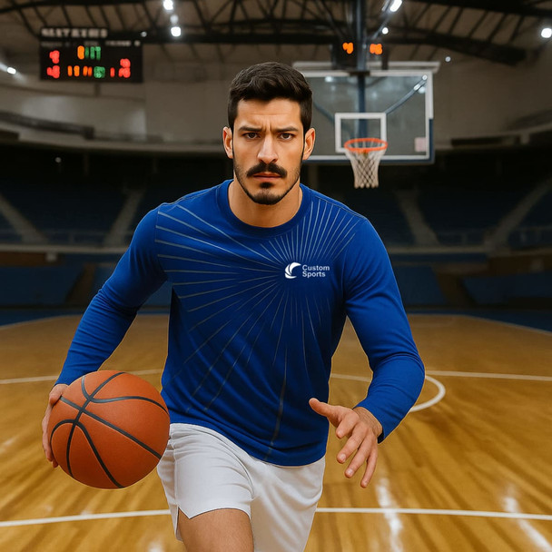 A man wearing a blue long-sleeve shirt and white shorts is dribbling a basketball on a court. The shirt has a logo.