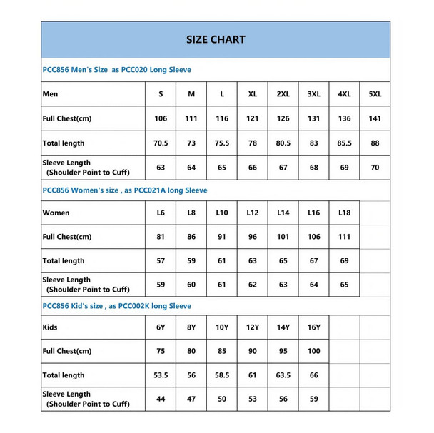 A size chart for long sleeve shirts, detailing measurements for men, women, and kids in various sizes.