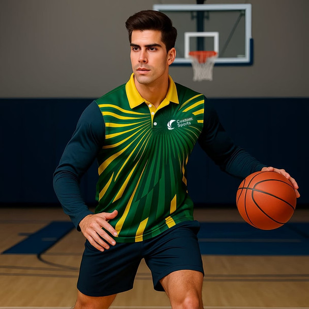A man wears a green and yellow long-sleeved polo shirt featuring a logo, holding a basketball in a gym setting.