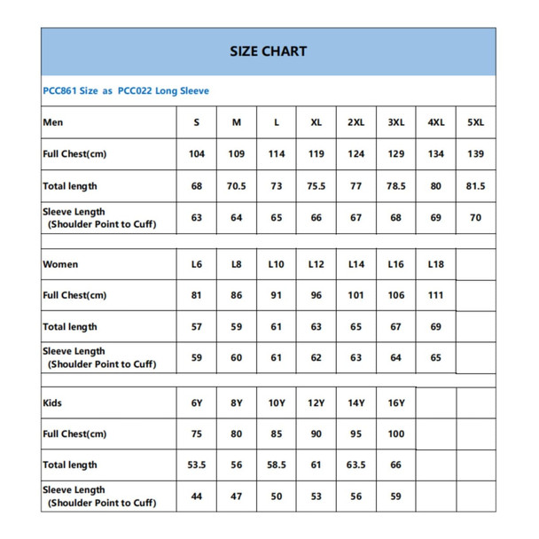 A size chart displaying measurements for men's, women's, and kids' long sleeve shirts in various sizes.