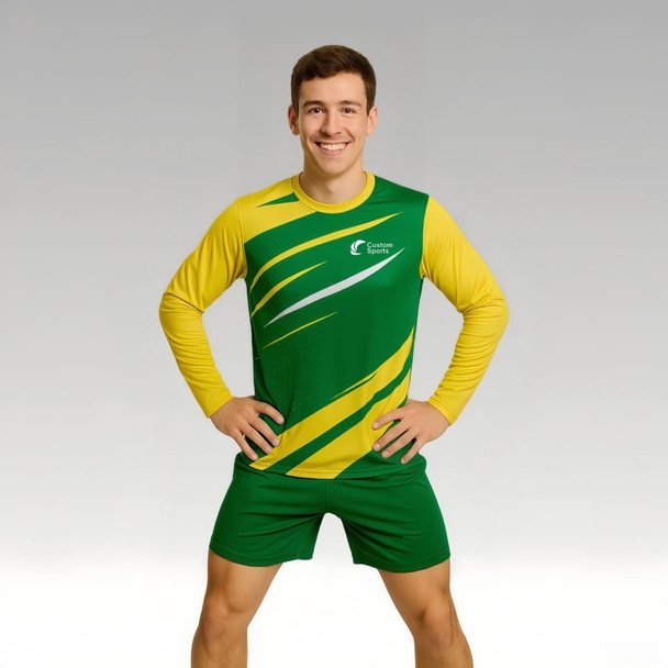 A man models a long-sleeved, yellow and green sports shirt with a logo. It features a micro mesh design.