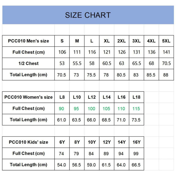 A size chart detailing measurements for men's, women's, and kids' polo shirts in centimetres.