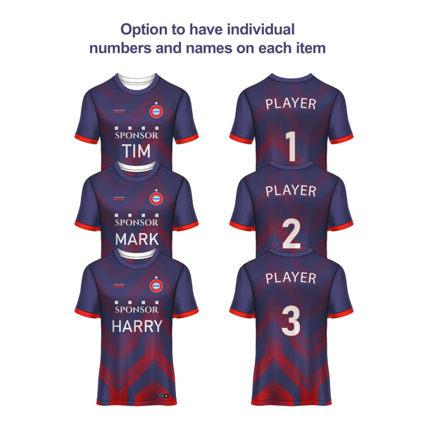 A collection of navy and red sublimated sports polo shirts with individual names and a logo on each.