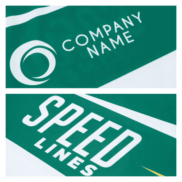 A green sublimated sports tee shirt with a logo and text featuring "Speed Lines."