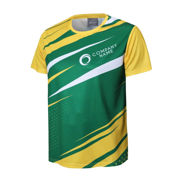 A green and yellow sports tee shirt featuring a logo, with dynamic graphic patterns. Made of 100% polyester.
