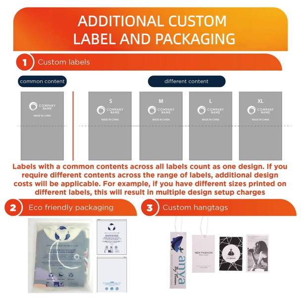 A visual guide displaying custom labels, eco-friendly packaging, and hangtags for product branding and sizes.