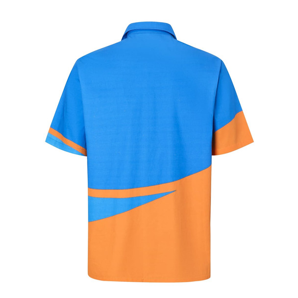 A short-sleeved, button-up shirt in blue and orange with a modern design and a logo on the back.