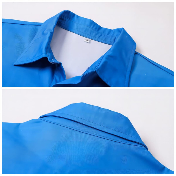 A bright blue men's button-up shirt made of 100% cotton, featuring a classic collar and a subtle logo.