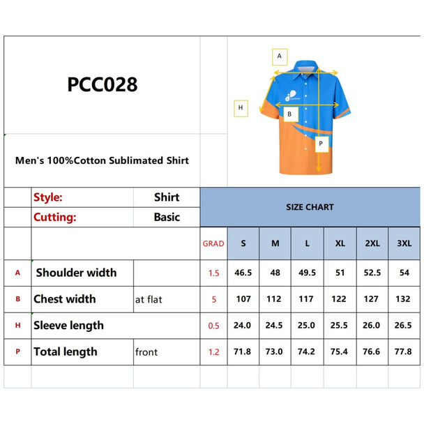 A men's button-up shirt made of 100% cotton, featuring blue and orange colours, with a logo displayed.