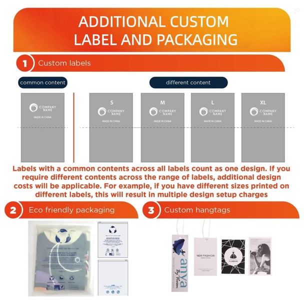 A visual guide displaying custom labels, eco-friendly packaging, and hangtags for product branding and sizes.