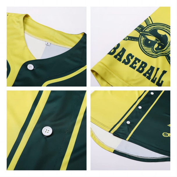 A full-button baseball jersey in green and yellow, featuring a logo and buttons on the front.