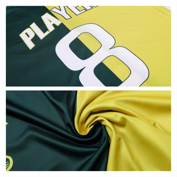A full-button baseball jersey featuring a yellow and dark green design, with a logo and player number 8.