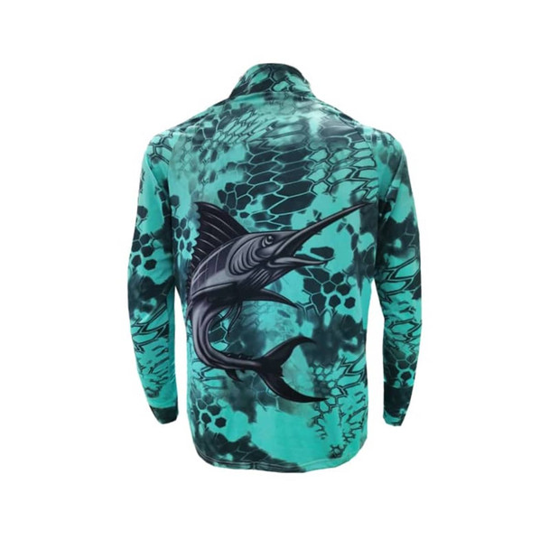 A green and black patterned fishing pullover with a large marlin graphic and a logo on the back. A green and black patterned fishing pullover with a large marlin graphic and a logo on the back.