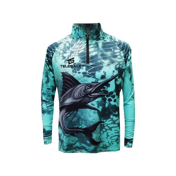 A turquoise fishing pullover featuring a black marlin design and a quarter zip, with a logo on the front.