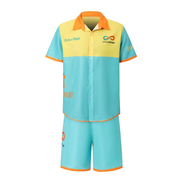 A blue and yellow men's button-up shirt with a matching pair of shorts, featuring branding on both items.