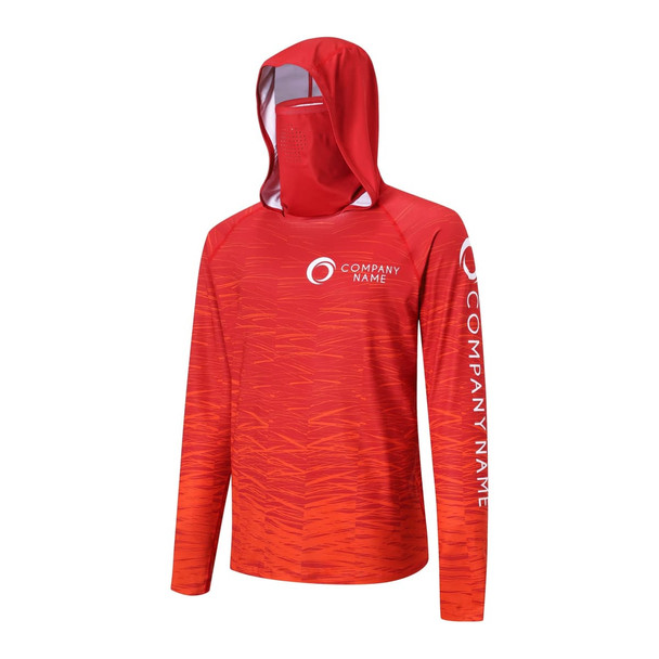 A red polyester spandex sun protection hoodie with a hood, long sleeves, and a logo on the chest and sleeve.