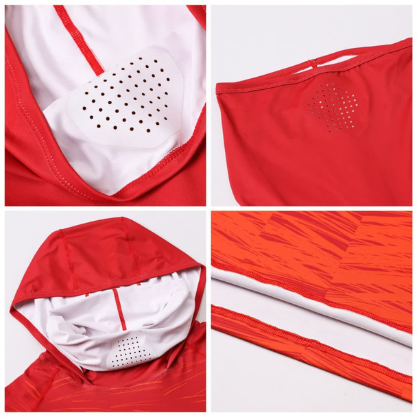 A red men's polyester spandex hoodie featuring mesh detailing in the hood and hem. It includes a logo.
