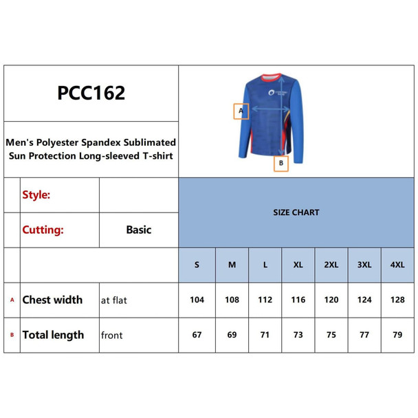 Men's long-sleeved T-shirt in blue, made from polyester and spandex, featuring a logo. Includes a size chart. Men's long-sleeved T-shirt in blue, made from polyester and spandex, featuring a logo. Includes a size chart.