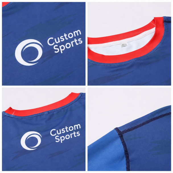 A blue long-sleeved T-shirt with a red collar, featuring a logo on the front and back. Made of polyester and spandex.
