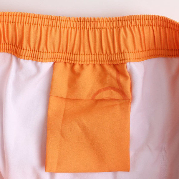 A pair of men's swim shorts featuring a white fabric and an orange elastic waistband with an interior pocket. A pair of men's swim shorts featuring a white fabric and an orange elastic waistband with an interior pocket.