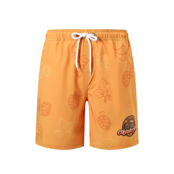 Orange men's swim shorts featuring a leaf pattern and a logo, made from polyester and spandex.