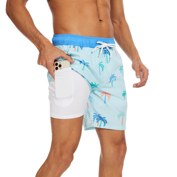 Men's swim shorts in light blue featuring palm tree patterns, with a side pocket and a contrasting waistband.