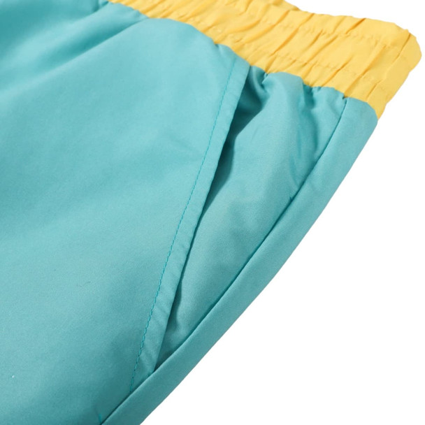 A pair of men's beach shorts in teal with a yellow elastic waistband and a side pocket.