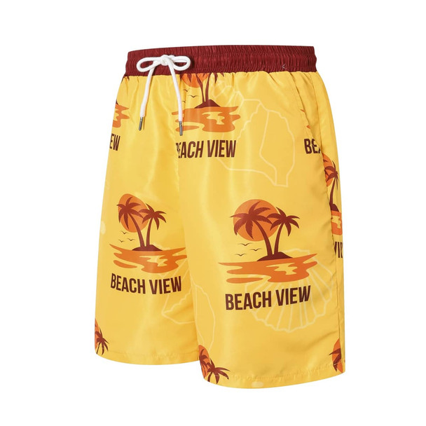 Men's polyester board shorts in yellow with a beach view print, featuring palm trees and a drawstring waistband.