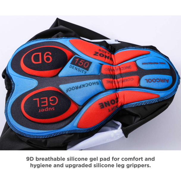 A padded cycling bib short featuring a breathable silicone gel pad in red and blue, with black leg grippers.