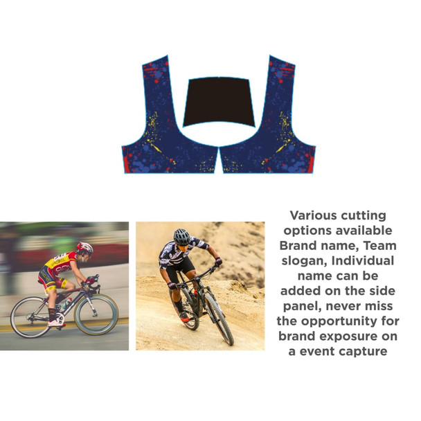 Men's sublimated cycling tights in dark blue with a patterned design. Features a logo and customizable areas for branding.