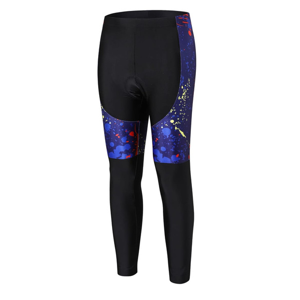 Men's cycling tights in black with vibrant blue and colourful abstract patterns. Features a logo on the side.